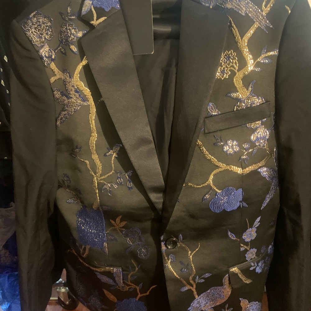 Elegant Black and Blue Embroidered Men's suit